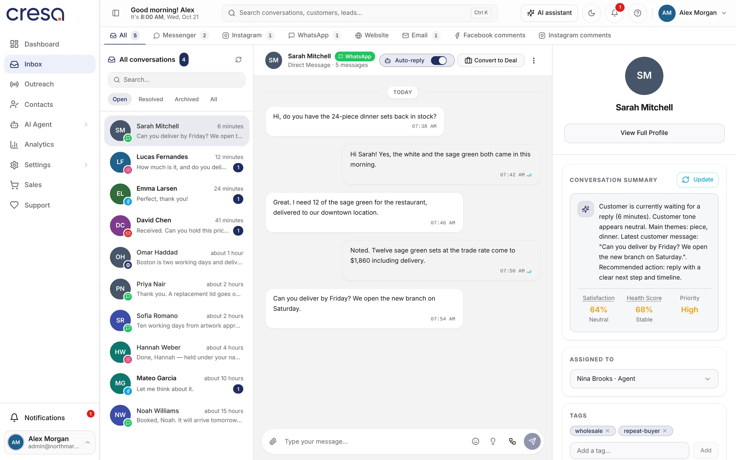 Cresa shared inbox for WhatsApp, Instagram, Messenger, website chat and email, with an AI conversation summary