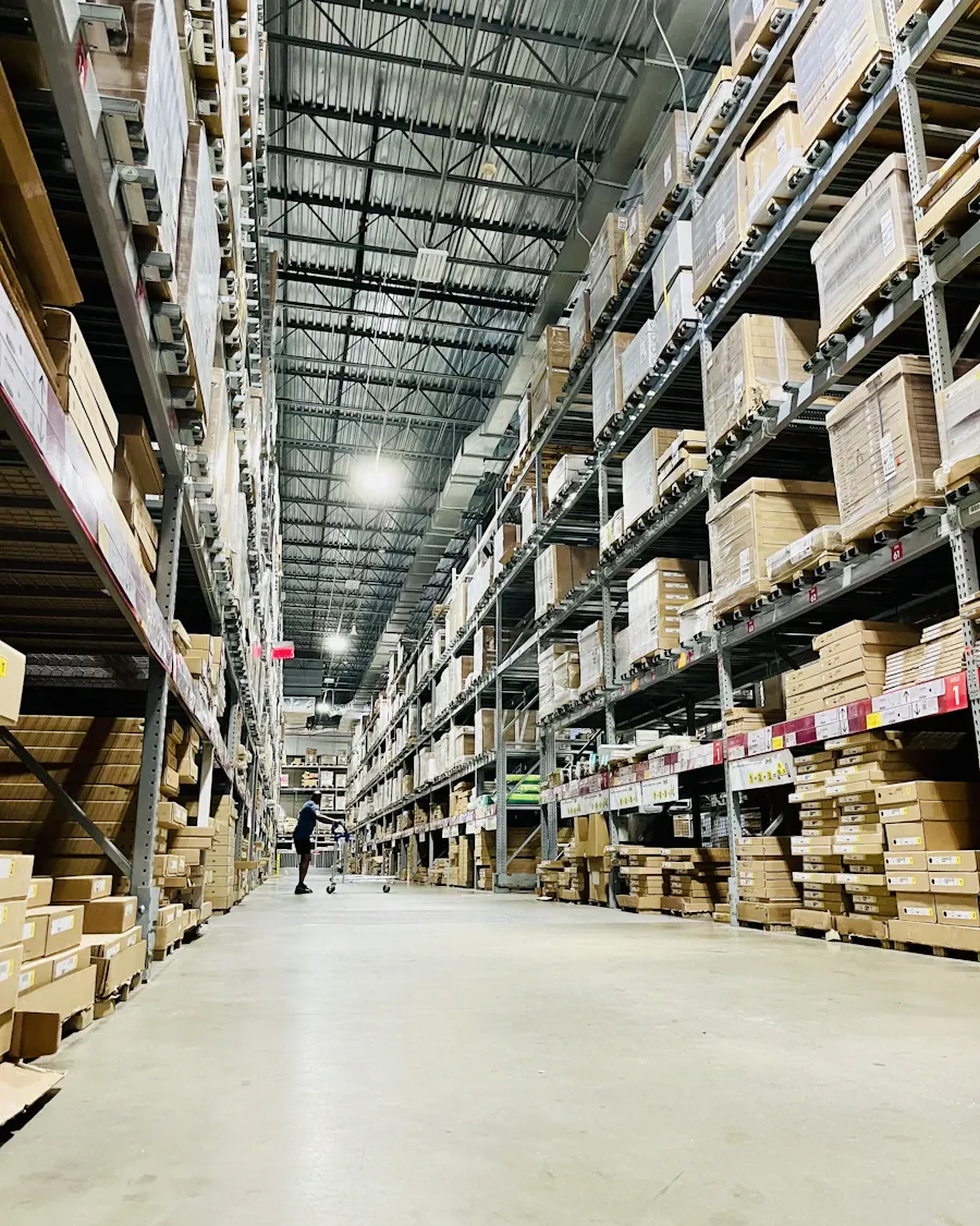 Warehouse aisles stacked with stock
